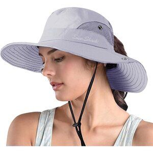 Women's Grey 100% Polyester Wide Brim Mesh Uv Protection Chin Strap Cowboy Hat
